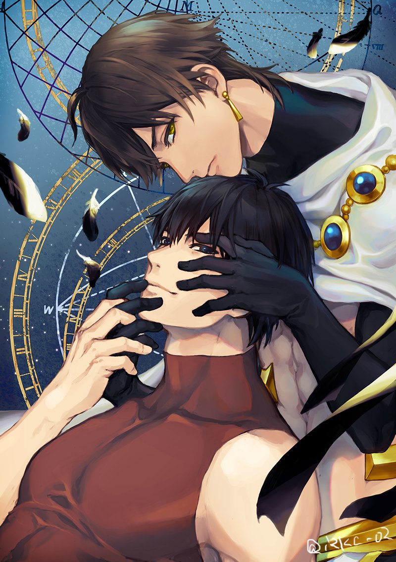 2boys abs arash_(fate) bangs bishounen black_hair brown_hair cape chest dark_skin dark_skinned_male earrings fate/grand_order fate/prototype fate/prototype:_fragments_of_blue_and_silver fate_(series) gloves holding_hands izkc_02 jewelry long_hair looking_at_viewer male_focus multiple_boys muscle open_clothes ozymandias_(fate) pectorals simple_background smile yellow_eyes