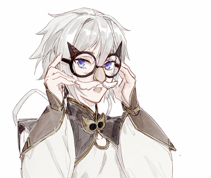 1boy blue_eyes chinese_clothes csyko fake_facial_hair fake_mustache fate/grand_order fate_(series) funny_glasses gao_changgong_(fate) glasses grey_hair hair_between_eyes holding holding_eyewear male_focus short_hair silver_hair solo