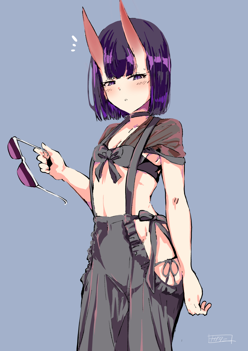 1girl bandeau bangs blue_background blush bob_cut breasts choker eyeliner eyewear_removed fate/grand_order fate_(series) highres horns looking_at_viewer makeup nagatani_(nagata2) oni oni_horns open_mouth overalls purple_hair short_eyebrows short_hair shuten_douji_(fate/grand_order) simple_background skin-covered_horns small_breasts solo sunglasses violet_eyes