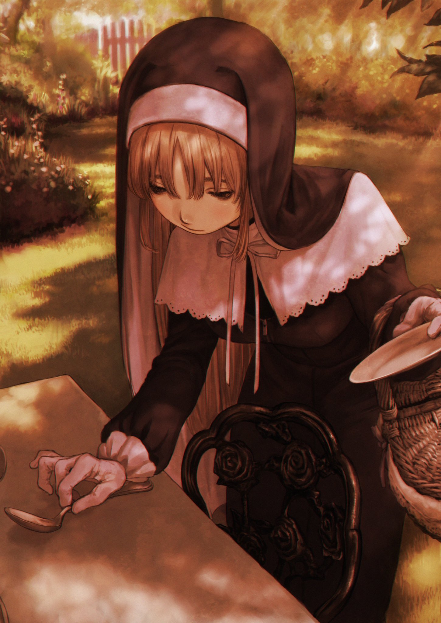 1girl bangs basket black_eyes blush brown_hair bush carving chair closed_mouth fence flower gate gloves grass habit highres holding holding_plate hotateyuki leaning_forward light_blush light_rays long_hair long_sleeves looking_down nijisanji nun outdoors picnic_basket pink_flower plant plate ribbon sister_cleaire solo spoon standing sunbeam sunlight table tree tree_shade virtual_youtuber white_flower white_gloves white_neckwear white_ribbon