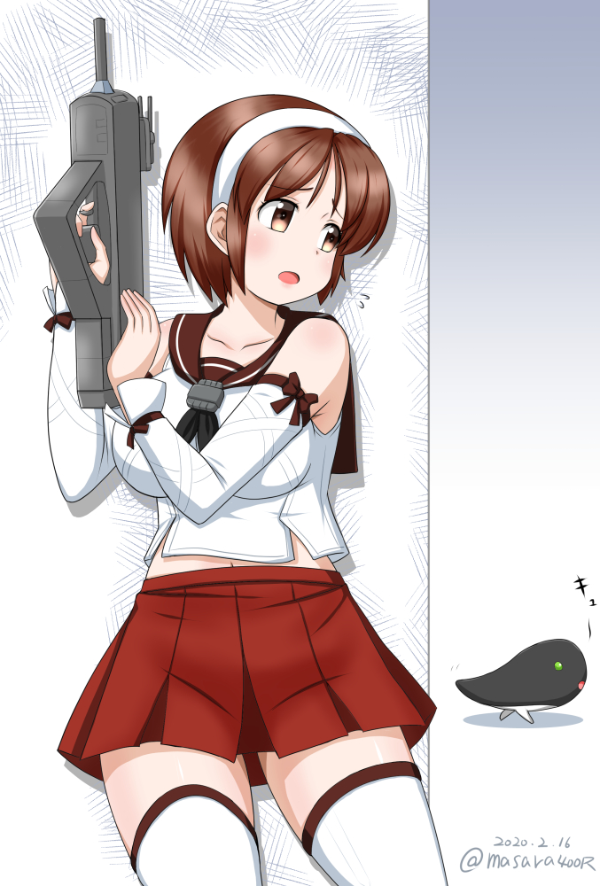 1girl 1other breasts brown_eyes brown_hair brown_sailor_collar commentary_request cowboy_shot dated detached_sleeves gun hairband hiding i-class_destroyer kantai_collection large_breasts masara_(masalucky2010) natori_(kantai_collection) pleated_skirt red_skirt sailor_collar school_uniform serafuku shinkaisei-kan short_hair skirt thigh-highs twitter_username weapon white_hairband white_legwear