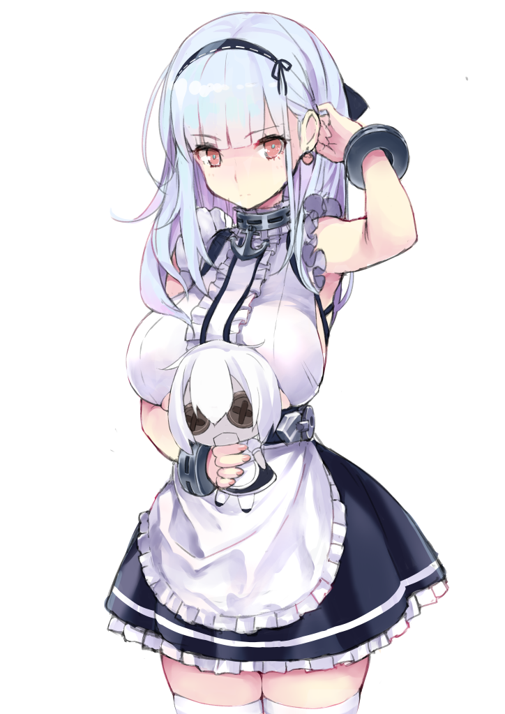 1girl anchor apron azur_lane breasts cowboy_shot dido_(azur_lane) doll hair_tucking hairband large_breasts long_hair looking_at_viewer red_eyes rin2008 simple_background solo thigh-highs waist_apron white_background white_hair zettai_ryouiki