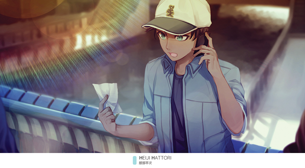 1boy baseball_cap blue_shirt blurry blurry_background brown_hair character_name collared_shirt dress_shirt hat hattori_heiji holding holding_phone lens_flare male_focus meitantei_conan monicanc open_clothes open_shirt outdoors phone shirt sleeves_rolled_up solo upper_body white_headwear wing_collar