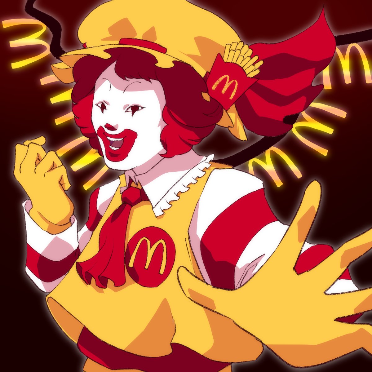 1boy afro ascot clown commentary_request cosplay facepaint flandre_scarlet flandre_scarlet_(cosplay) food french_fries frilled_shirt_collar frills gloves hat hat_ribbon highres looking_at_viewer male_focus mcdonald's mob_cap open_mouth red_ascot red_background red_eyes red_ribbon red_shirt redhead ribbon ronald_mcdonald shirt short_hair skemaid smile solo striped striped_shirt touhou upper_body vest white_shirt yellow_gloves yellow_headwear yellow_vest