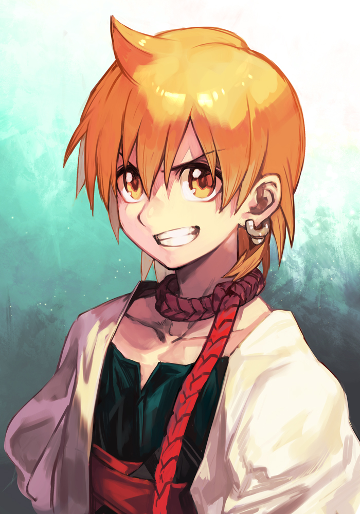 1boy ali_baba_saluja blonde_hair choker cloak collarbone earrings hankuri jewelry looking_at_viewer magi_the_labyrinth_of_magic male_focus open_mouth red_neckwear shirt simple_background smile solo yellow_eyes