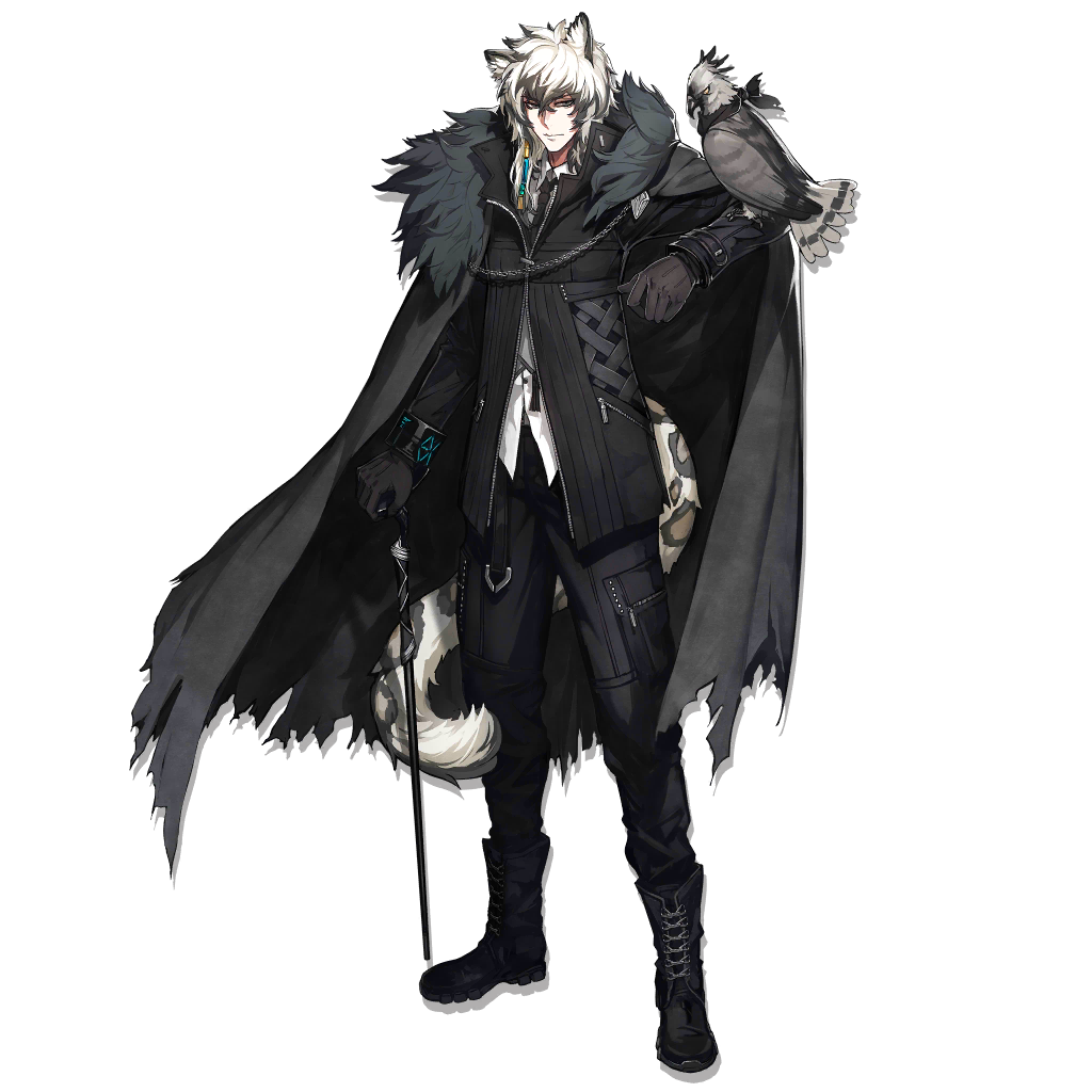 1boy animal_ear_fluff animal_ears animal_on_arm arknights bangs bird bird_on_arm black_cape black_footwear black_gloves black_jacket black_neckwear black_pants boots cane cape cross-laced_footwear full_body fur-trimmed_cape fur_trim gloves grey_eyes hair_between_eyes jacket lace-up_boots leopard_ears leopard_tail long_sleeves looking_at_viewer male_focus necktie official_art pants planted ryuuzaki_ichi shirt silver_hair silverash_(arknights) standing tail torn_cape torn_clothes transparent_background white_shirt