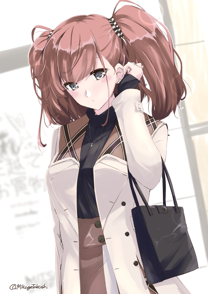 1girl alternate_costume atlanta_(kantai_collection) bag bangs blue_sweater blush brown_hair earrings eyebrows_visible_through_hair hair_ornament jacket jewelry kantai_collection long_hair long_sleeves mikage_takashi necklace ribbed_sweater ribbon shoulder_bag single_earring solo star star_earrings sweater turtleneck turtleneck_sweater twintails upper_body