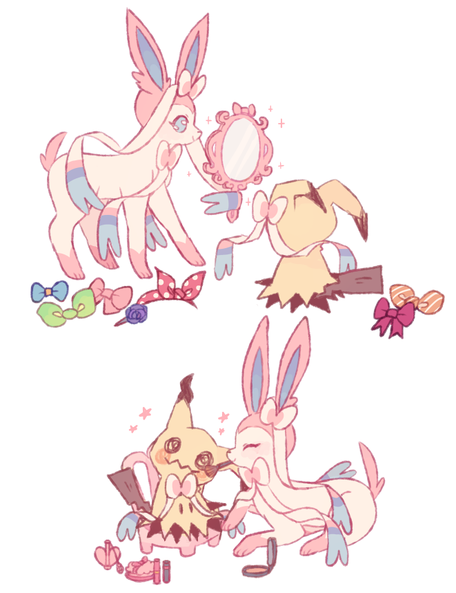 ^_^ applying_makeup black_eyes blue_eyes charamells closed_eyes commentary creature english_commentary full_body gen_6_pokemon gen_7_pokemon holding holding_mirror makeup_brush mimikyu mirror mouth_hold no_humans pokemon pokemon_(creature) ribbon simple_background sparkle star sylveon white_background