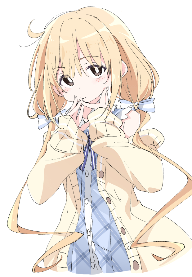 1girl bangs blonde_hair brown_eyes eyebrows_visible_through_hair futaba_anzu idolmaster idolmaster_cinderella_girls ixy long_sleeves looking_at_viewer low_twintails simple_background solo twintails white_background