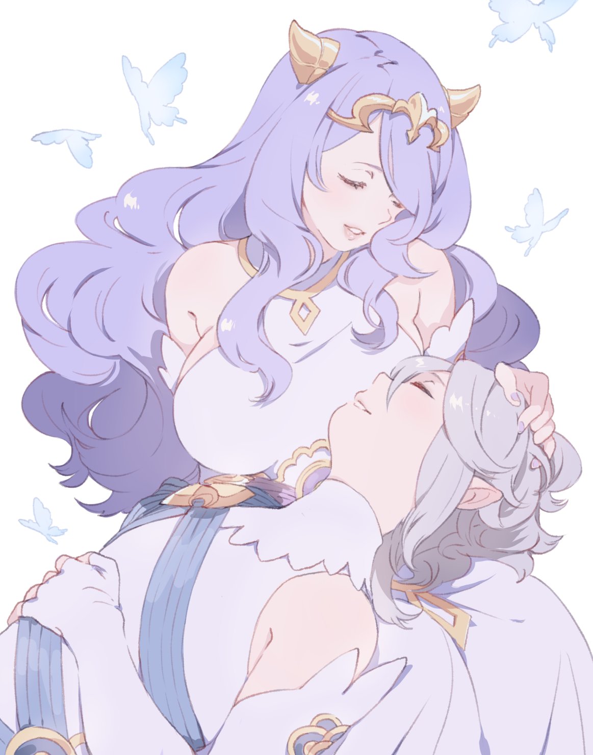 1boy 1girl ai-wa bug butterfly camilla_(fire_emblem) closed_eyes commission corrin_(fire_emblem) corrin_(fire_emblem)_(male) dress elbow_gloves fire_emblem fire_emblem_fates fire_emblem_heroes gloves hand_on_another's_head highres insect lap_pillow long_hair open_mouth pointy_ears purple_hair simple_background tiara white_background white_gloves white_hair