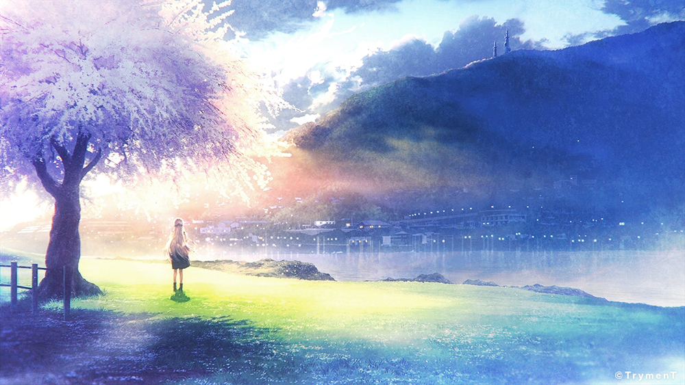 1girl backlighting bloom blurry bow cherry_blossoms city city_lights clouds colorful depth_of_field evening facing_away fence field grass hair_bow lake lens_flare long_hair looking_afar mocha_(cotton) mountain original outdoors pink_hair river scenery shadow sky solo sunlight tree water watermark wide_shot