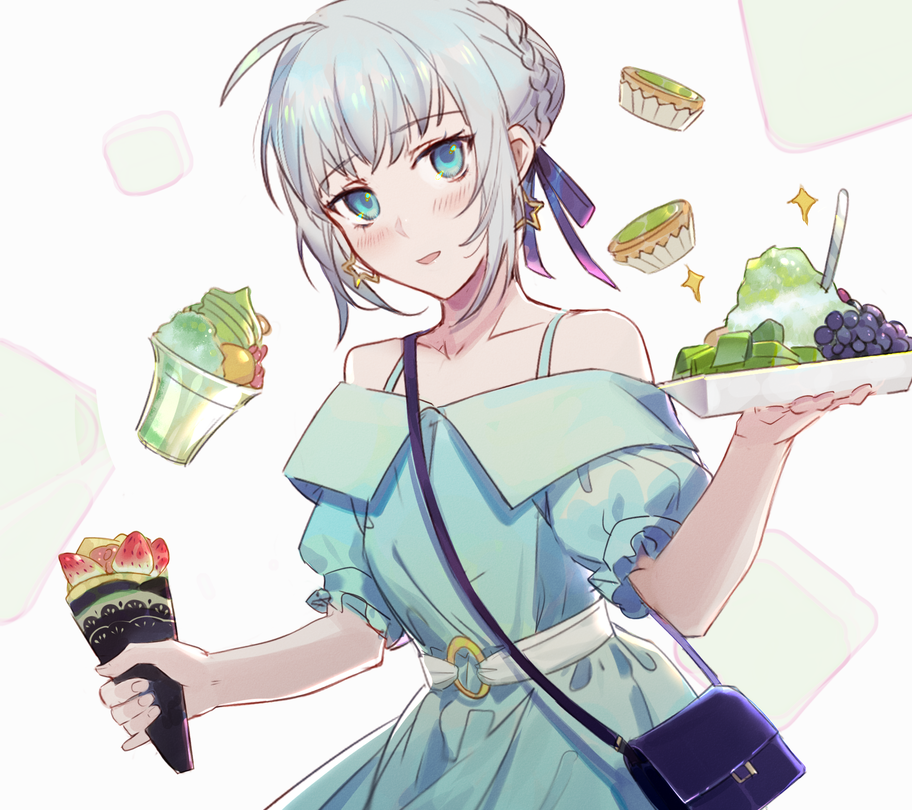 1girl alternate_costume bare_shoulders blue_dress crepe csyko dress earrings fate/grand_order fate_(series) food gray_(lord_el-melloi_ii) green_eyes grey_hair hair_between_eyes hair_bun hair_ribbon holding holding_food jewelry lord_el-melloi_ii_case_files no_headwear parted_lips ribbon shaved_ice solo