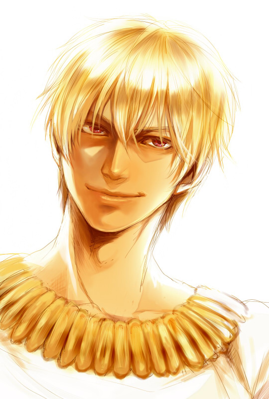 1boy blonde_hair fate/zero fate_(series) gilgamesh jewelry male_focus necklace portrait red_eyes shirt smile smirk solo usagida white_shirt