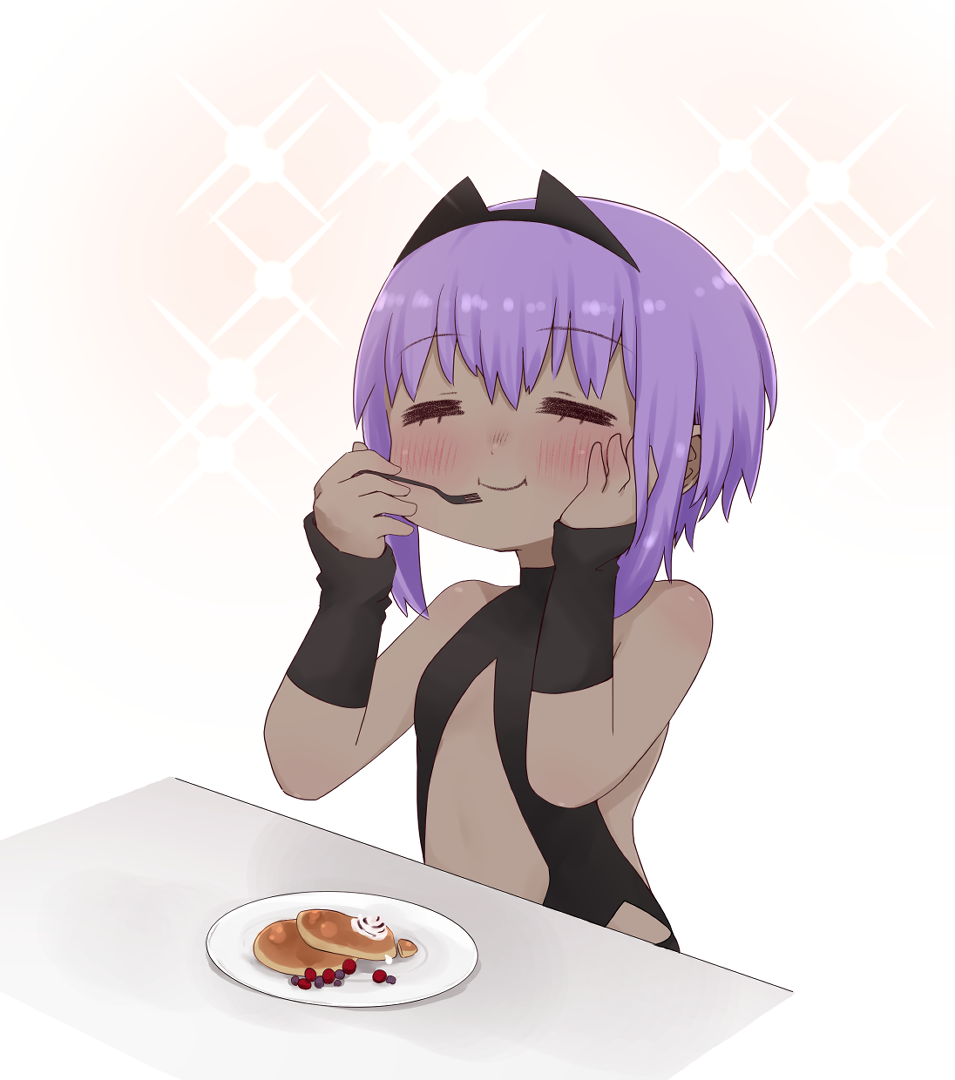 1girl :i =_= bangs bare_shoulders berries black_bodysuit blush bodysuit closed_eyes closed_mouth dark_skin eating eyebrows_visible_through_hair facing_viewer fate/prototype fate/prototype:_fragments_of_blue_and_silver fate_(series) food foodgasm fork hair_between_eyes hand_on_own_cheek hands_up hassan_of_serenity_(fate) holding holding_fork i.u.y pancake plate purple_hair solo sparkle_background