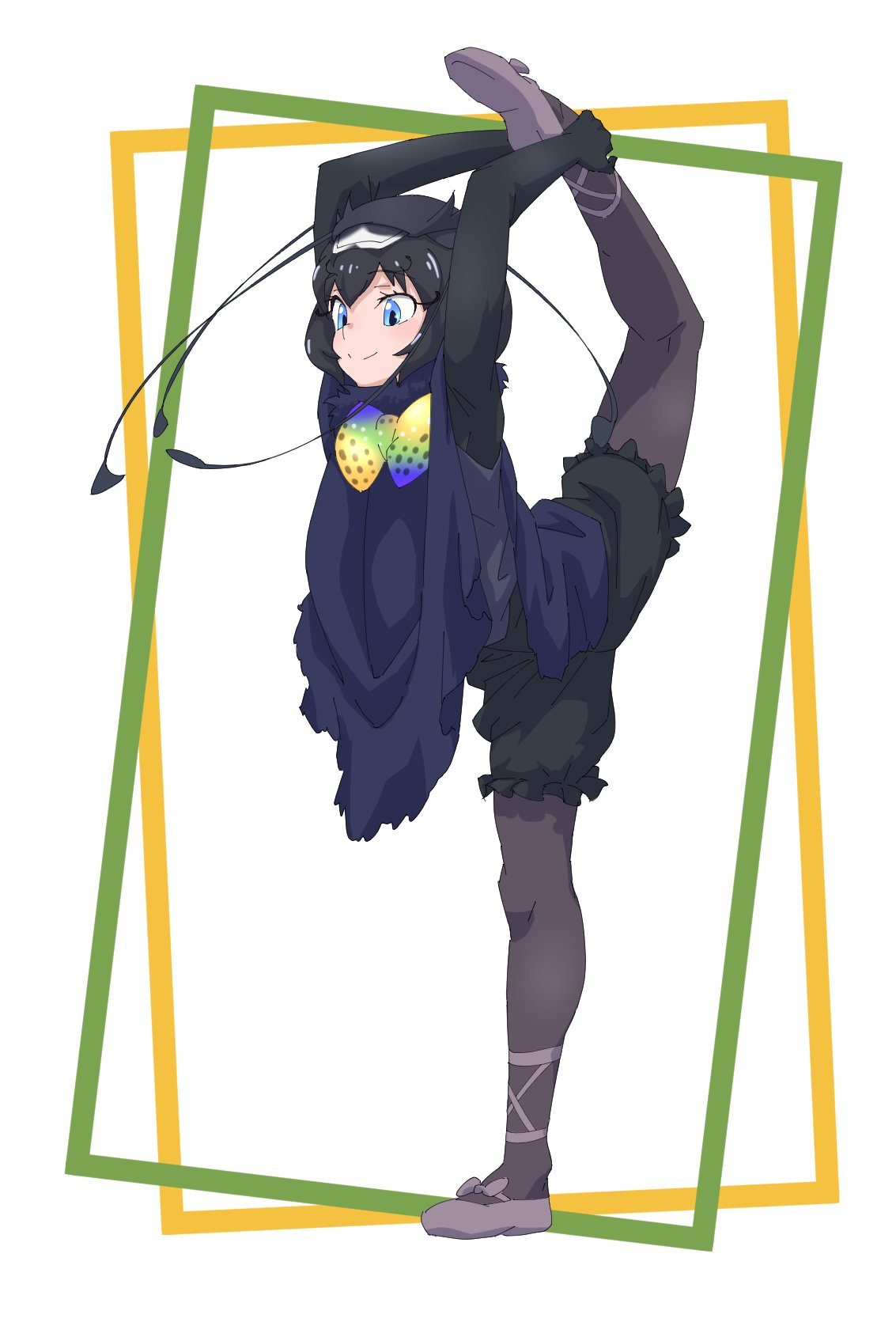 1girl ballet ballet_slippers bird_wings black_gloves black_hair black_legwear black_shorts blue_eyes blue_neckwear blue_ribbon bow bowtie commentary elbow_gloves eyebrows_visible_through_hair flexible frilled_shorts frills full_body gloves hand_on_foot head_wings highres kemono_friends multicolored_neckwear navy_blue_dress pantyhose purple_footwear ribbon shoe_bow shoes short_hair shorts solo standing stretch tanabe_(fueisei) western_parotia_(kemono_friends) wings yellow_neckwear