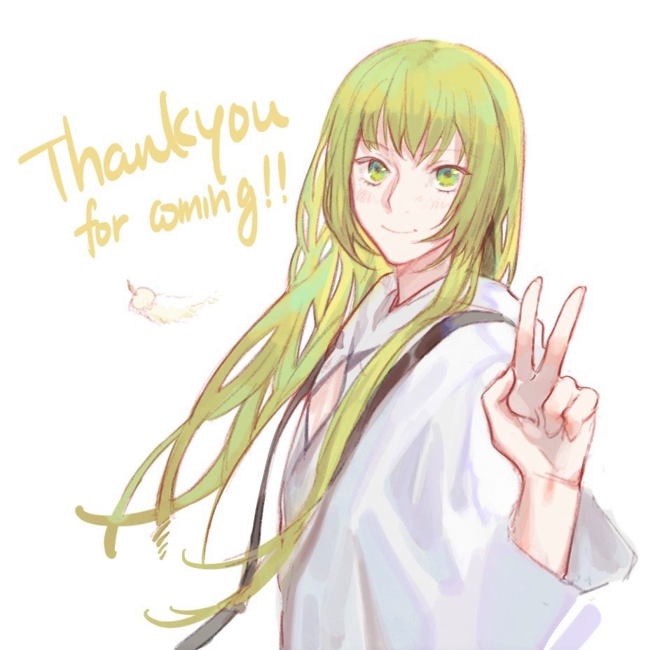 1boy androgynous blush csyko enkidu_(fate/strange_fake) fate/strange_fake fate_(series) green_eyes green_hair long_hair male_focus solo thank_you v white_robe