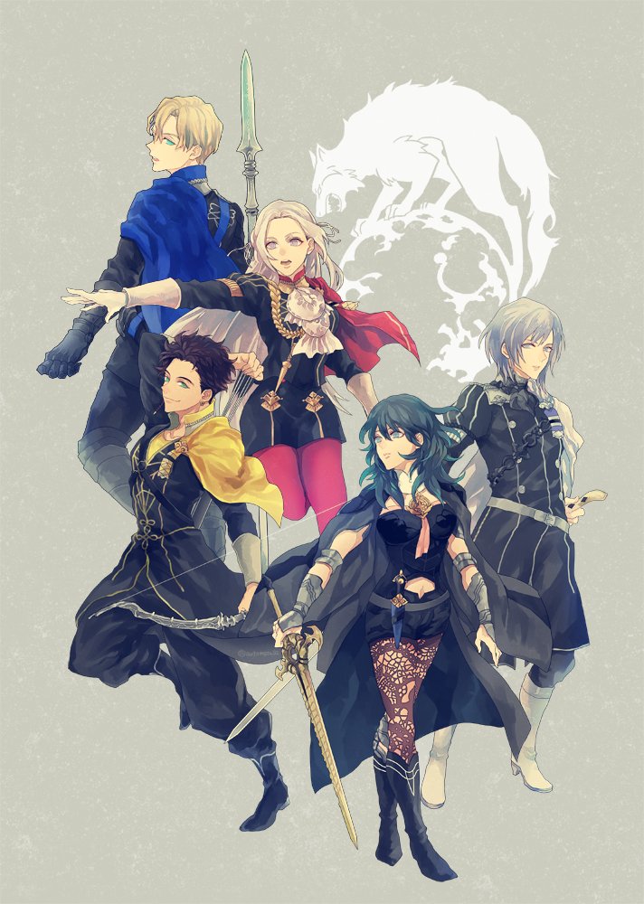 2girls 3boys armor arrow balthus_(fire_emblem) black_shorts blonde_hair blue_cape blue_eyes blue_hair boots bow_(weapon) brown_hair byleth_(fire_emblem) byleth_eisner_(female) cape claude_von_riegan closed_mouth constance_von_nuvelle dark_skin dark_skinned_male dimitri_alexandre_blaiddyd edelgard_von_hresvelg fire_emblem fire_emblem:_three_houses from_behind gloves green_eyes grey_background hair_ribbon hapi_(fire_emblem) holding holding_arrow holding_bow_(weapon) holding_sword holding_weapon knee_boots kogitetuosero long_hair looking_back multiple_boys multiple_girls navel_cutout pantyhose polearm purple_hair quiver red_cape red_legwear ribbon short_hair short_shorts shorts simple_background smile sword violet_eyes weapon white_gloves white_hair yellow_cape yuri_(fire_emblem)