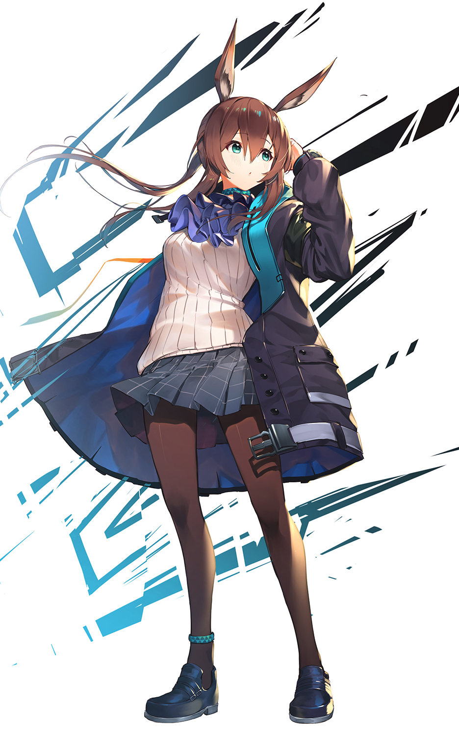 1girl amiya_(arknights) animal_ears arknights ascot black_jacket brown_hair brown_legwear frilled_ascot frills green_eyes hair_between_eyes highres hood hooded_jacket jacket jewelry kotoribako long_hair neck_ring open_clothes open_jacket pleated_skirt rabbit_ears ring sidelocks skirt solo