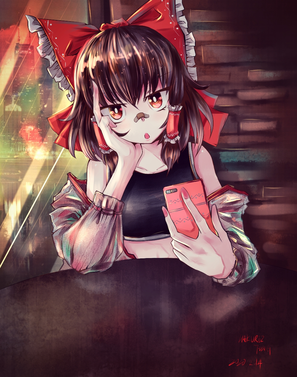 1girl :o artist_name bandaid bandaid_on_nose bow bright_pupils brown_hair chinese_commentary city commentary_request crop_top dated detached_sleeves hair_bow hakurei_fling hakurei_reimu head_rest head_tilt highres holding holding_phone indoors looking_at_viewer nail_polish phone pink_nails red_bow red_eyes sidelocks solo table touhou upper_body window