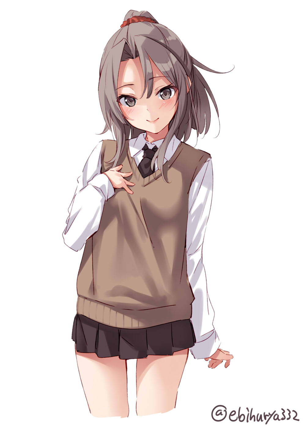 1girl alternate_costume blush brown_eyes brown_neckwear brown_skirt brown_vest closed_mouth collared_shirt cropped_legs ebifurya eyebrows_visible_through_hair high_ponytail highres kantai_collection light_brown_hair long_hair long_sleeves necktie pleated_skirt school_uniform shirt simple_background skirt smile solo twitter_username vest white_background white_shirt zuihou_(kantai_collection)