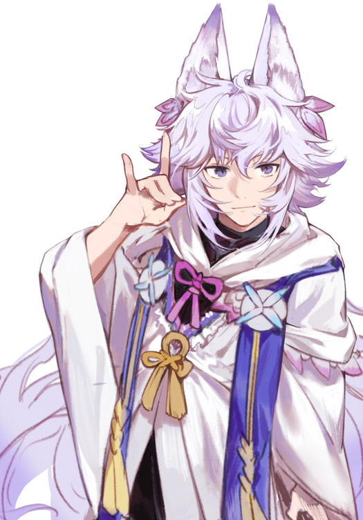 1boy animal_ears cape csyko fate/grand_order fate_(series) fox_ears fox_shadow_puppet kemonomimi_mode lavender_hair long_hair male_focus merlin_(fate) solo violet_eyes wavy_hair white_cape white_hair white_robe wide_sleeves