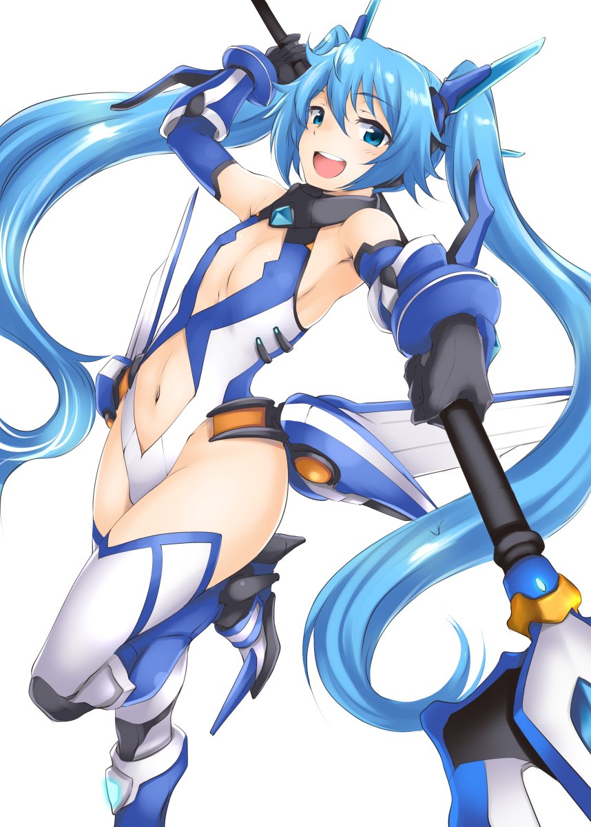 1girl :d armored_boots armpits bangs bare_shoulders blue_eyes blue_hair blush boots breasts cleavage_cutout commentary_request elbow_gloves eyebrows_visible_through_hair faulds gloves gorget hair_between_eyes headgear highres hisakawa_chin holding holding_weapon leg_lift leotard long_hair looking_at_viewer looking_to_the_side navel navel_cutout open_mouth ore_twintail_ni_narimasu polearm revealing_clothes round_teeth simple_background small_breasts smile solo tail_blue teeth thigh-highs twintails_day vambraces very_long_hair weapon white_background