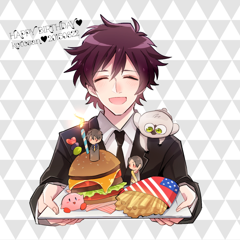 1boy american_flag blush candle chain_sumeragi character_doll closed_eyes dated food formal french_fries giving hamburger happy_birthday incoming_food kekkai_sensen kirby leonardo_watch male_focus monkey necktie open_mouth solo sonic_speed_monkey steven_a._starphase suit yorutsuki_(sakurekichan)