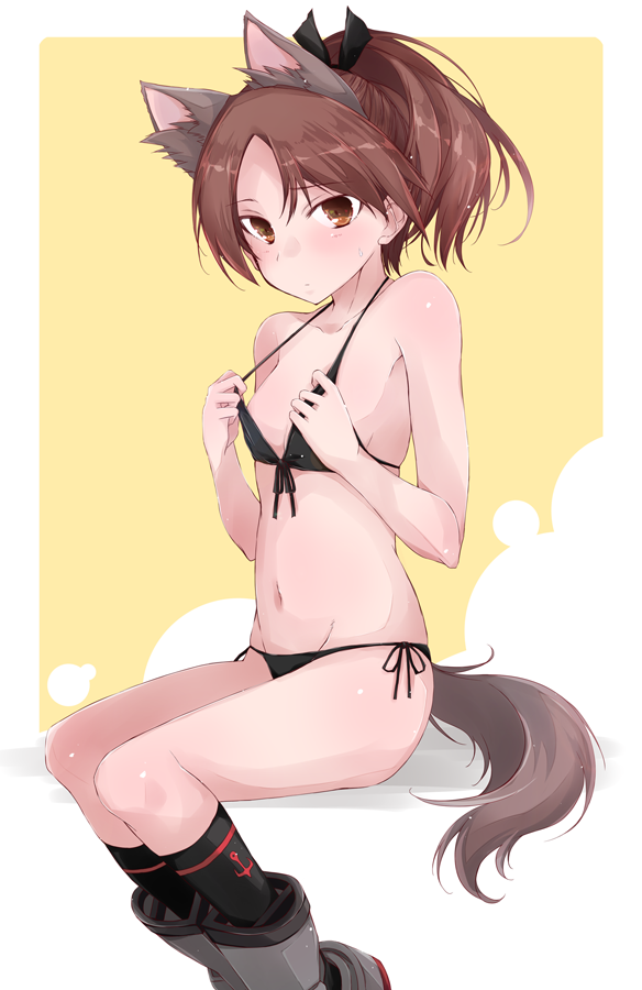 1girl animal_ears bikini black_bikini black_legwear blush boots breasts brown_eyes brown_hair cat_ears cat_tail collarbone commentary_request eyebrows_visible_through_hair fake_animal_ears front-tie_bikini front-tie_top groin kantai_collection kneehighs navel ponytail remodel_(kantai_collection) shikinami_(kantai_collection) short_hair side-tie_bikini small_breasts solo string_bikini swimsuit tail yumesato_makura