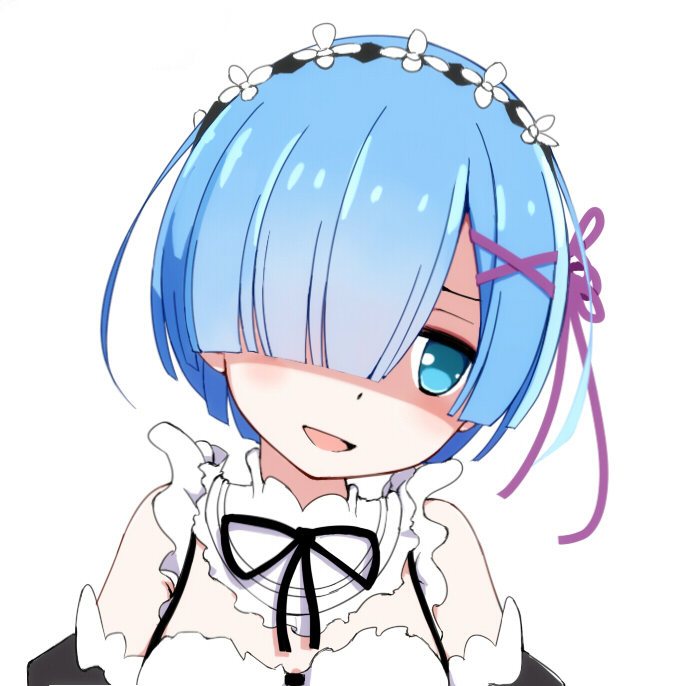 1girl bangs bare_shoulders black_neckwear black_ribbon blue_eyes blue_hair detached_sleeves frills furrowed_eyebrows hair_ornament hair_over_one_eye hair_ribbon head_tilt kearful looking_to_the_side maid maid_headdress neck_ribbon open_mouth portrait purple_ribbon re:zero_kara_hajimeru_isekai_seikatsu rem_(re:zero) ribbon shaded_face short_hair simple_background smirk smug solo upper_body white_background x_hair_ornament