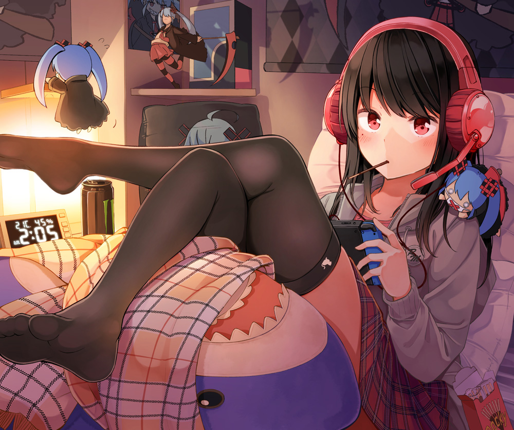 1girl bangs black_legwear blue_hair blush can clock closed_mouth commentary_request crossed_legs digital_clock drawstring energy_drink eyebrows_visible_through_hair food food_in_mouth grey_jacket headphones headset holding indoors jacket looking_at_viewer monster_energy mouth_hold niichi_(komorebi-palette) nintendo_switch no_shoes open_clothes open_jacket original pink_shirt plaid plaid_skirt pocky red_eyes red_skirt shirt skirt soles solo thigh-highs twintails