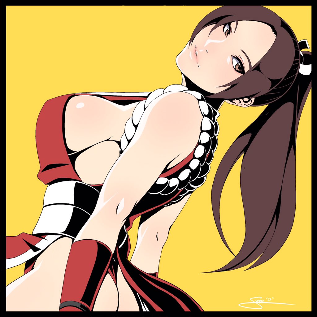 1girl arm_guards bare_shoulders breasts brown_eyes commentary fatal_fury from_side hair_tie high_ponytail its_just_suppi large_breasts long_hair looking_to_the_side ninja obi pelvic_curtain pink_lips ponytail revealing_clothes rope sash shiny shiny_skin shiranui_mai sideboob solo the_king_of_fighters yellow_background