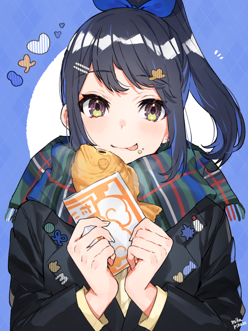 1girl :p bangs black_hair black_jacket blue_background blue_ribbon blush closed_mouth commentary_request eyebrows_visible_through_hair food food_on_face fringe_trim green_scarf hair_ornament hair_ribbon hairclip heart high_ponytail highres holding holding_food jacket long_hair long_sleeves looking_at_viewer mika_pikazo original ponytail ribbon scarf smile solo taiyaki tongue tongue_out two-tone_background upper_body violet_eyes wagashi white_background