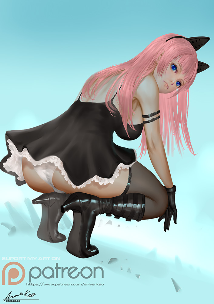 1girl animal_ears ariverkao arm_strap ass bangs black_dress black_gloves black_legwear blue_background blue_eyes boots breasts cat_ears dated dress fake_animal_ears from_behind gloves high_heel_boots high_heels large_breasts lips long_hair looking_at_viewer looking_back original panties patreon_logo pink_hair signature solo squatting thigh-highs underwear white_panties