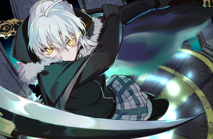 1girl ahoge black_jacket black_legwear braid braided_bun cape csyko eyebrows_visible_through_hair fate/grand_order fate_(series) glowing glowing_eyes gray_(lord_el-melloi_ii) green_eyes grey_hair hair_between_eyes hair_bun hood hood_down hooded_cape jacket lord_el-melloi_ii_case_files plaid plaid_skirt scythe skirt solo track_jacket yellow_eyes