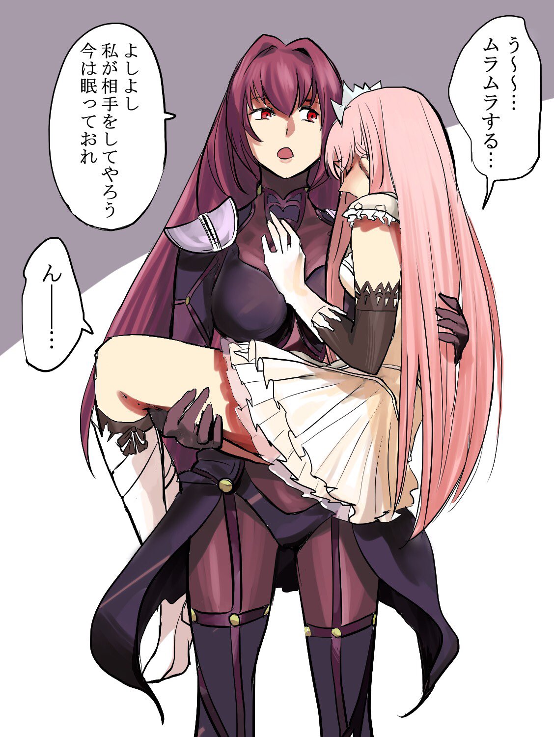 2girls carrying closed_eyes commentary_request fate/grand_order fate_(series) gloves hair_between_eyes highres long_hair looking_at_another medb_(fate)_(all) medb_(fate/grand_order) multiple_girls open_mouth pichan_(pin2zi) pink_hair princess_carry purple_hair red_eyes scathach_(fate)_(all) scathach_(fate/grand_order) tiara translation_request very_long_hair white_gloves