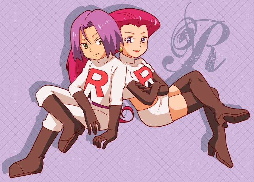 1boy 1girl back-to-back blue_eyes blue_hair commentary_request green_eyes kojirou_(pokemon) kurumi_(forte) musashi_(pokemon) pokemon pokemon_(anime) redhead sitting smile team_rocket team_rocket_uniform