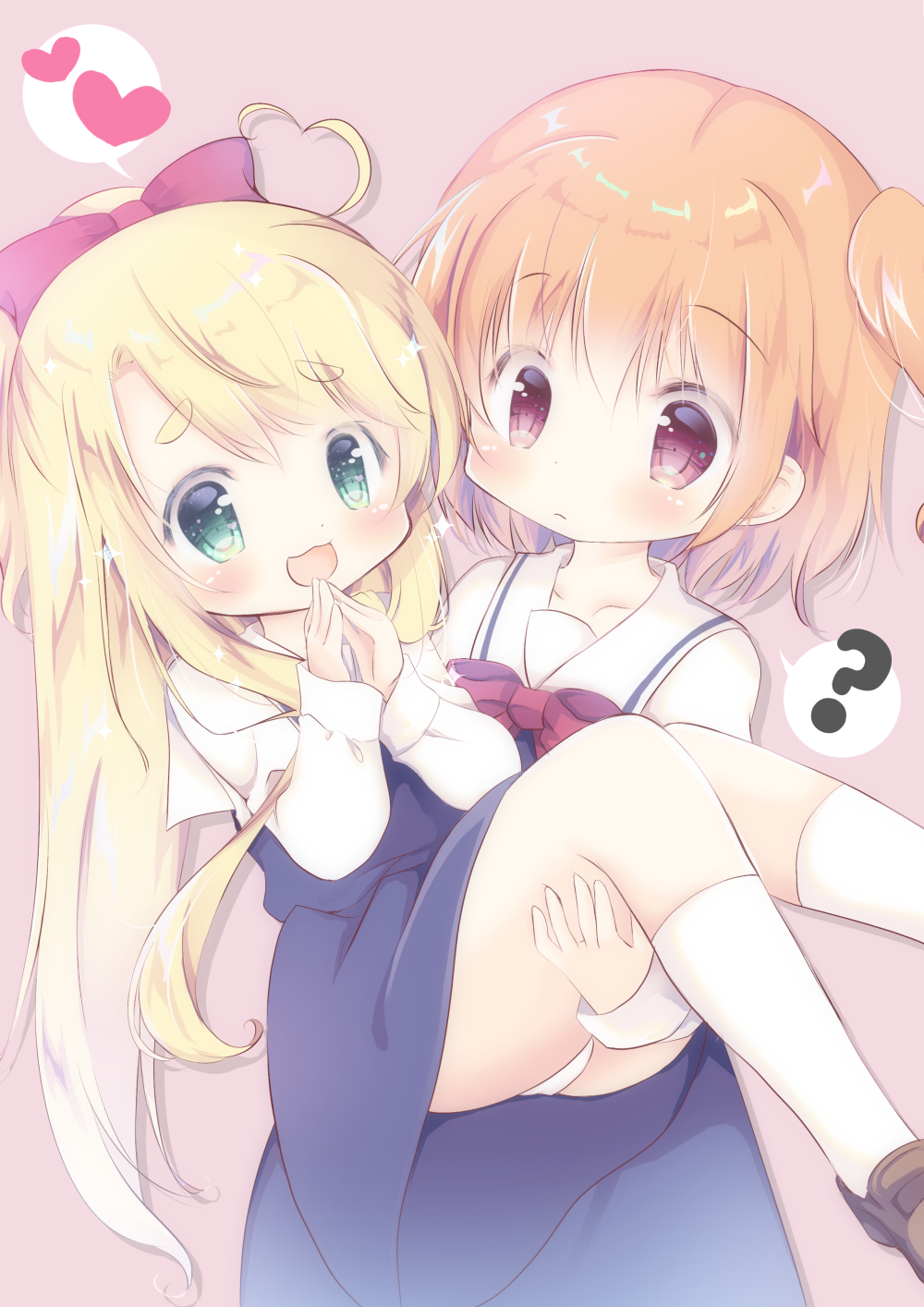 2girls :d ? ahoge blonde_hair blue_dress blush bow brown_background brown_footwear brown_hair carrying closed_mouth commentary_request dress feet_out_of_frame fukaya_rin green_eyes hair_bow hands_up heart heart_ahoge highres himesaka_noa hoshino_hinata loafers long_hair long_sleeves multiple_girls one_side_up open_mouth panties ponytail princess_carry red_bow red_eyes sailor_collar sailor_dress shirt shoes simple_background sleeveless sleeveless_dress smile socks spoken_heart spoken_question_mark steepled_fingers underwear very_long_hair watashi_ni_tenshi_ga_maiorita! white_legwear white_panties white_sailor_collar white_shirt