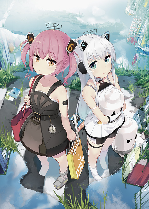 &gt;:) 2girls akicolle animal_ears bag bangs bare_arms bare_shoulders black_dress brown_eyes character_request closed_mouth commentary_request day dress elbow_gloves eyebrows_visible_through_hair fake_animal_ears gloves green_eyes grey_footwear headgear long_hair looking_at_viewer minamura_haruki multiple_girls object_hug outdoors pink_hair puddle reflection shoes silver_hair sleeveless sleeveless_dress smile standing twintails v-shaped_eyebrows very_long_hair water white_dress white_footwear white_gloves