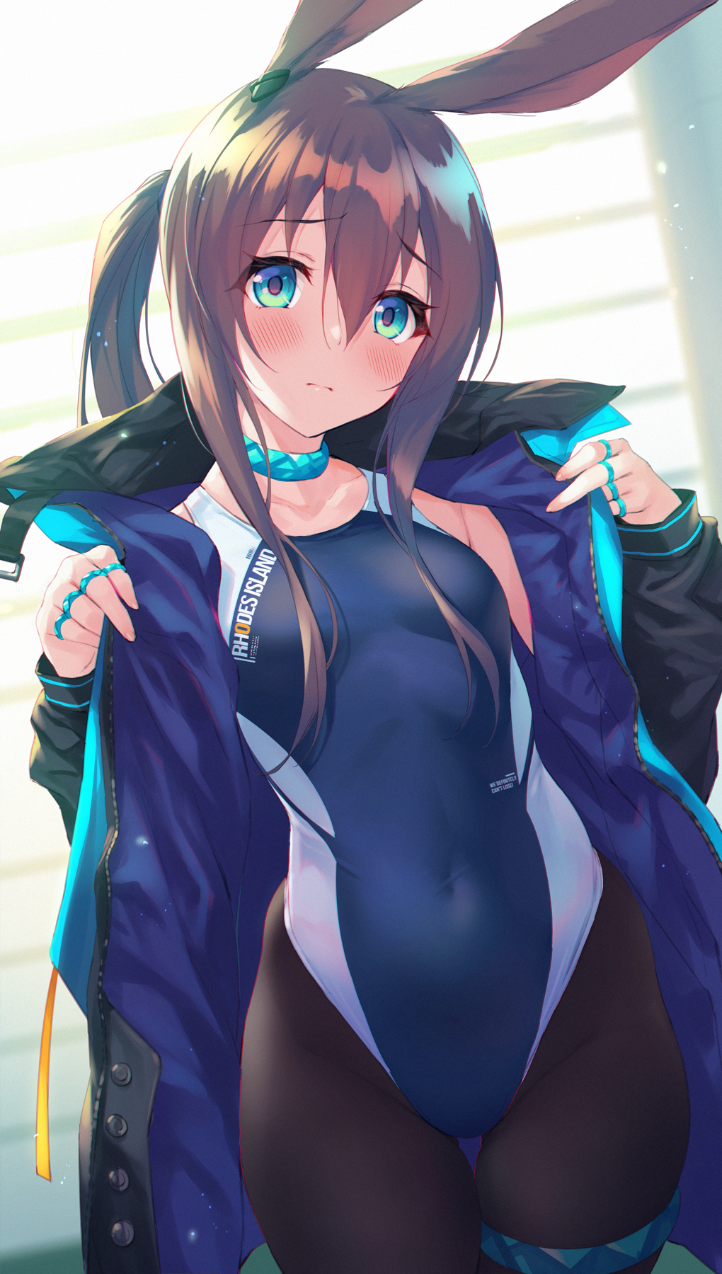 1girl amiya_(arknights) animal_ears arknights bangs black_jacket blue_eyes blue_swimsuit blush breasts brown_hair clothes_writing competition_swimsuit eyebrows_visible_through_hair fukai_ryousuke hair_between_eyes highleg highleg_swimsuit highres indoors jacket jewelry long_hair long_sleeves looking_at_viewer multiple_rings neck_ring one-piece_swimsuit open_clothes open_jacket pantyhose pantyhose_under_swimsuit ponytail rabbit_ears ring sidelocks small_breasts solo swimsuit thigh_strap