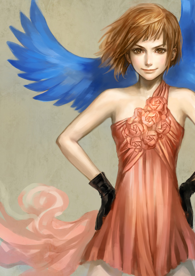 1girl bare_shoulders beige_background black_gloves blue_wings brown_eyes brown_hair closed_mouth dress flower gloves hands_on_hips kageco original pink_dress rose short_hair smile wings