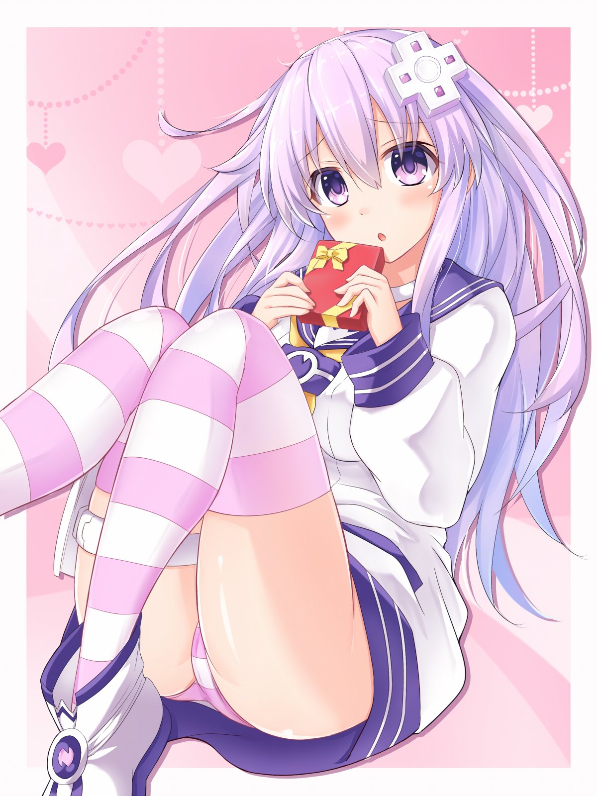 1girl ass blush breasts choker d-pad d-pad_hair_ornament dress feet_out_of_frame gift hair_between_eyes hair_ornament hands_up heart heart_background highres holding holding_gift kazuneko_(wktk1024) knees_together_feet_apart knees_up lavender_hair long_hair looking_at_viewer medium_breasts neckerchief nepgear neptune_(series) open_mouth panties pink_background purple_hair sailor_dress solo striped striped_legwear striped_panties thigh_strap thighs underwear upskirt valentine very_long_hair violet_eyes white_choker white_dress yellow_neckwear