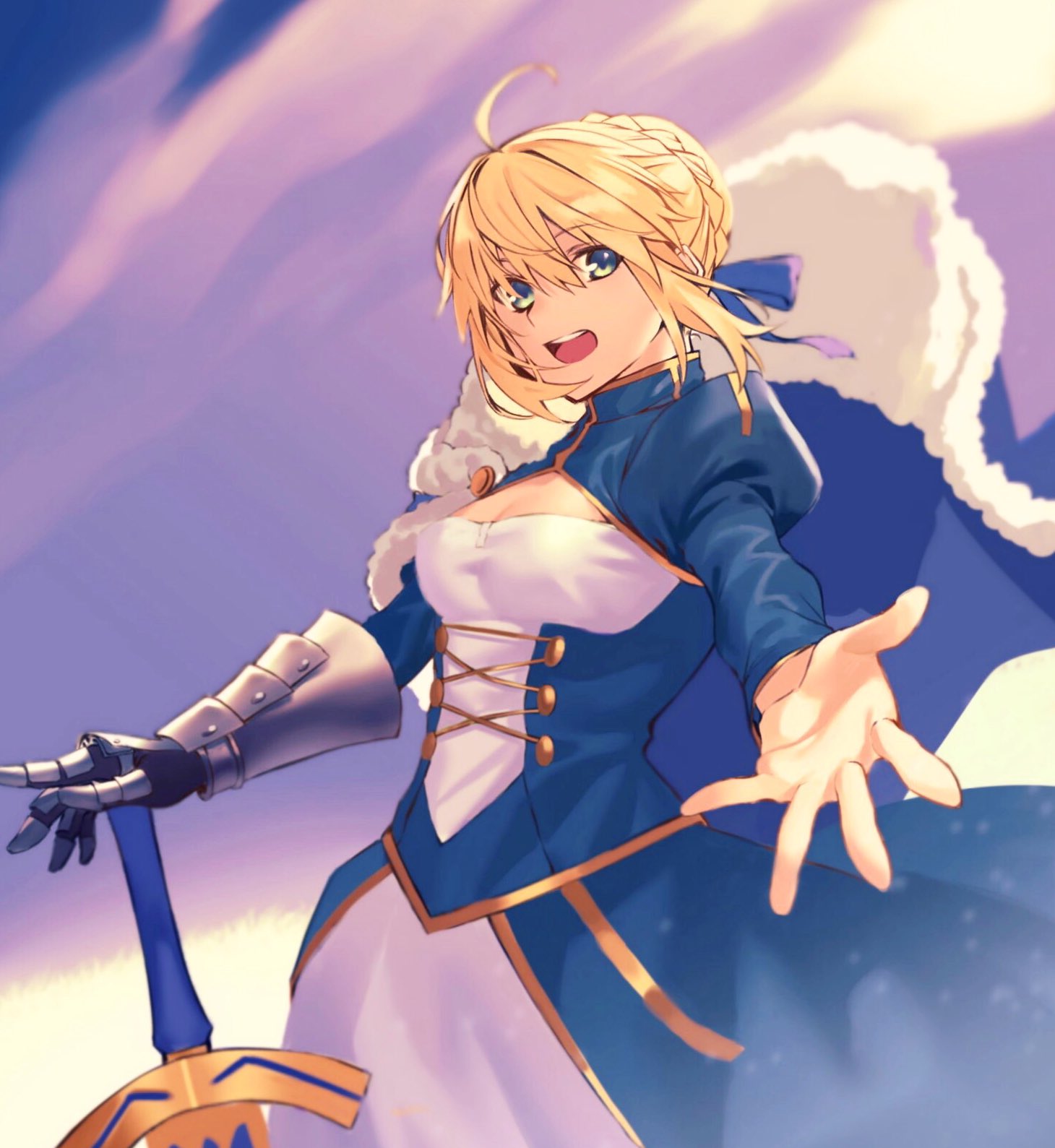 1girl ahoge armor artoria_pendragon_(all) blonde_hair blue_dress blue_sky braid clouds dress excalibur fate/grand_order fate_(series) french_braid gauntlets green_eyes hair_between_eyes highres hiro_(hirohiro_gorira) juliet_sleeves long_sleeves looking_at_viewer outstretched_hand planted_sword planted_weapon puffy_sleeves round_teeth saber short_hair sky solo sword teeth weapon