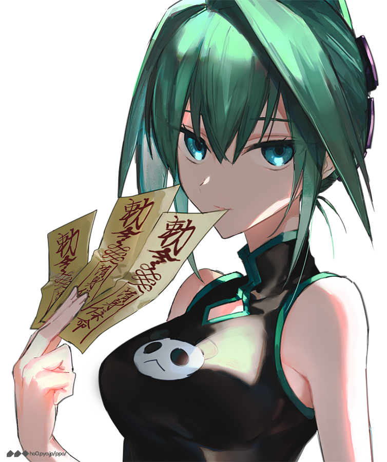 1girl akira_hou bare_shoulders breasts dress eyebrows_visible_through_hair green_eyes green_hair hair_between_eyes looking_at_viewer panda shaman_king short_hair simple_background solo tao_jun white_background