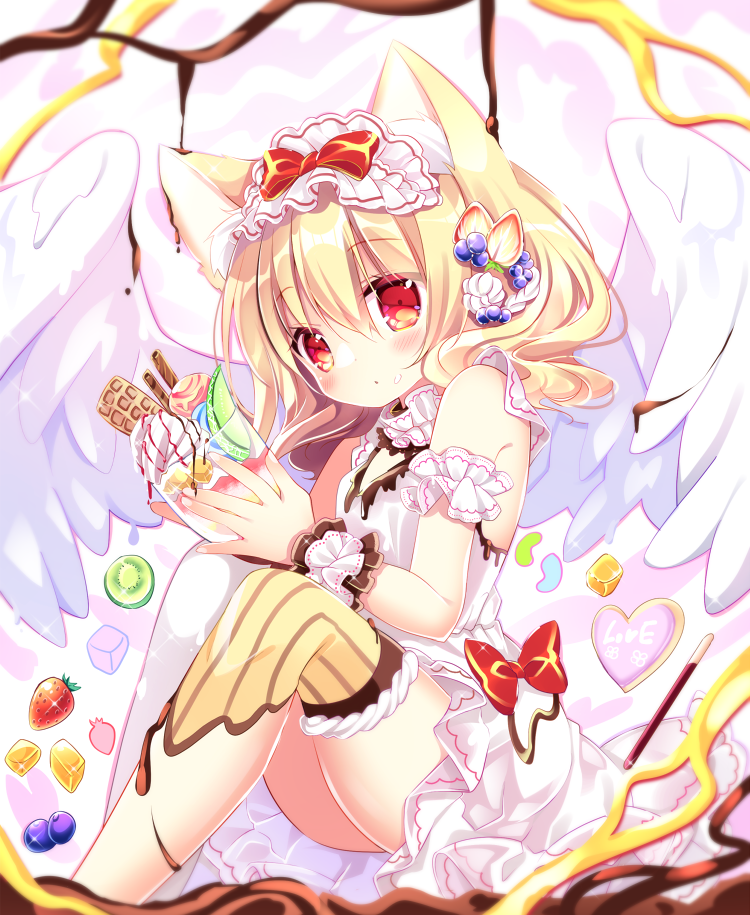 1girl angel_wings animal_ear_fluff animal_ears bangs bare_shoulders blonde_hair blurry blurry_foreground blush bow breasts cat_ears closed_mouth commentary_request depth_of_field dress eyebrows_visible_through_hair feathered_wings food food_themed_clothes fruit hair_between_eyes heart holding kiwi_slice long_hair looking_at_viewer moe2020 original parfait pocky red_bow red_eyes shikito single_thighhigh sleeveless sleeveless_dress small_breasts solo strawberry thigh-highs white_dress white_legwear white_wings wings wrist_cuffs