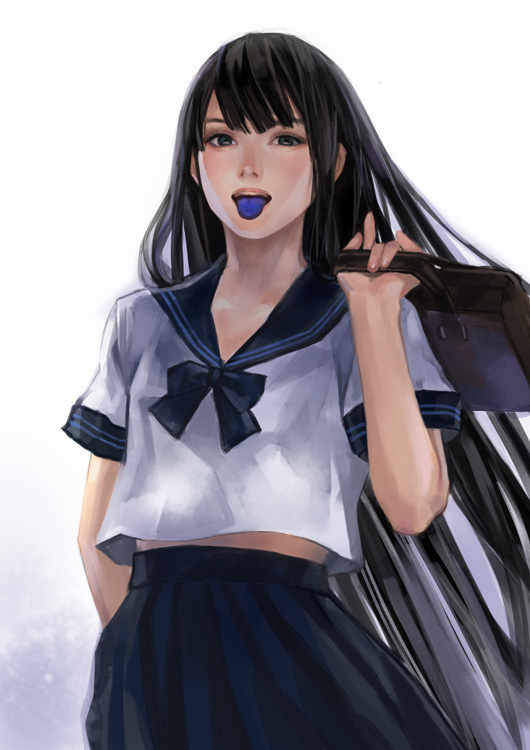 1girl arm_behind_back bag bangs black_eyes black_hair blue_bow blue_skirt blue_tongue bow fingernails holding holding_bag kageco long_hair original school_bag school_uniform skirt solo teeth tongue tongue_out upper_teeth