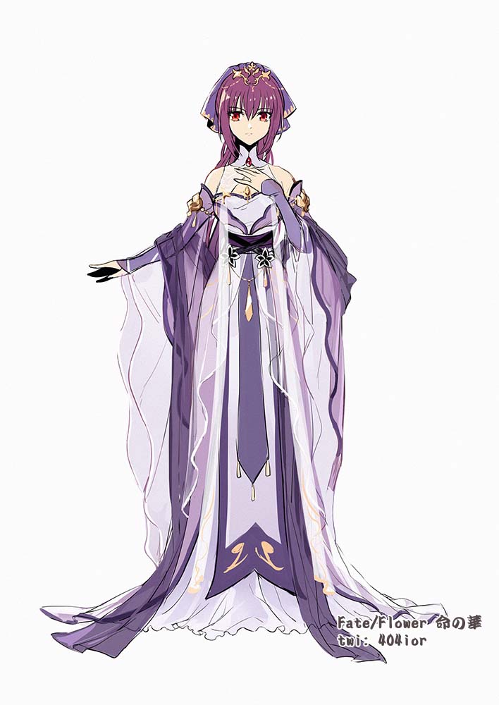 1girl 404ior adapted_costume artist_name bangs detached_sleeves dress expressionless fate/grand_order fate_(series) grey_background hair_between_eyes headpiece long_dress looking_at_viewer purple_dress purple_hair purple_ribbon red_eyes ribbon scathach_(fate)_(all) scathach_skadi_(fate/grand_order) simple_background solo tiara