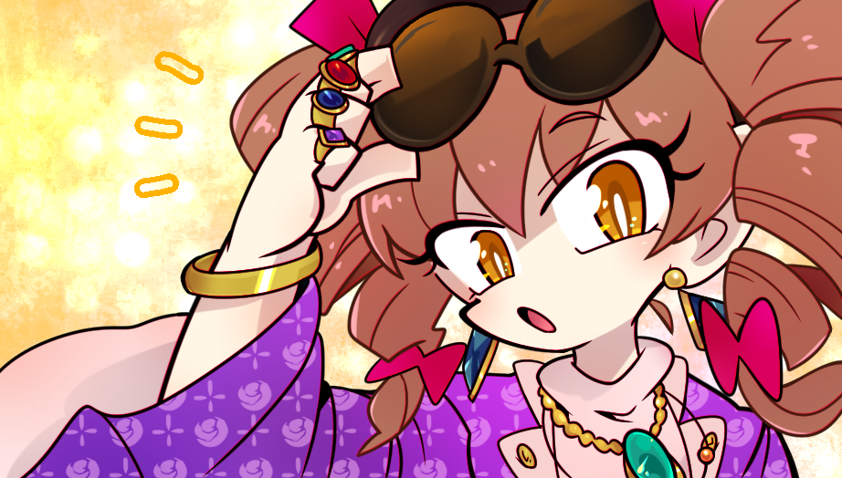 1girl adjusting_eyewear bow bracelet bright_pupils brown_hair drill_hair drop_earrings earrings eyewear_on_head hair_bow hand_up harunori_(hrnrx) jacket jewelry long_sleeves looking_at_viewer medium_hair notice_lines open_mouth pendant pink_shirt purple_jacket red_bow ring shirt solo sunglasses touhou twin_drills upper_body white_pupils yellow_background yellow_eyes yorigami_jo'on