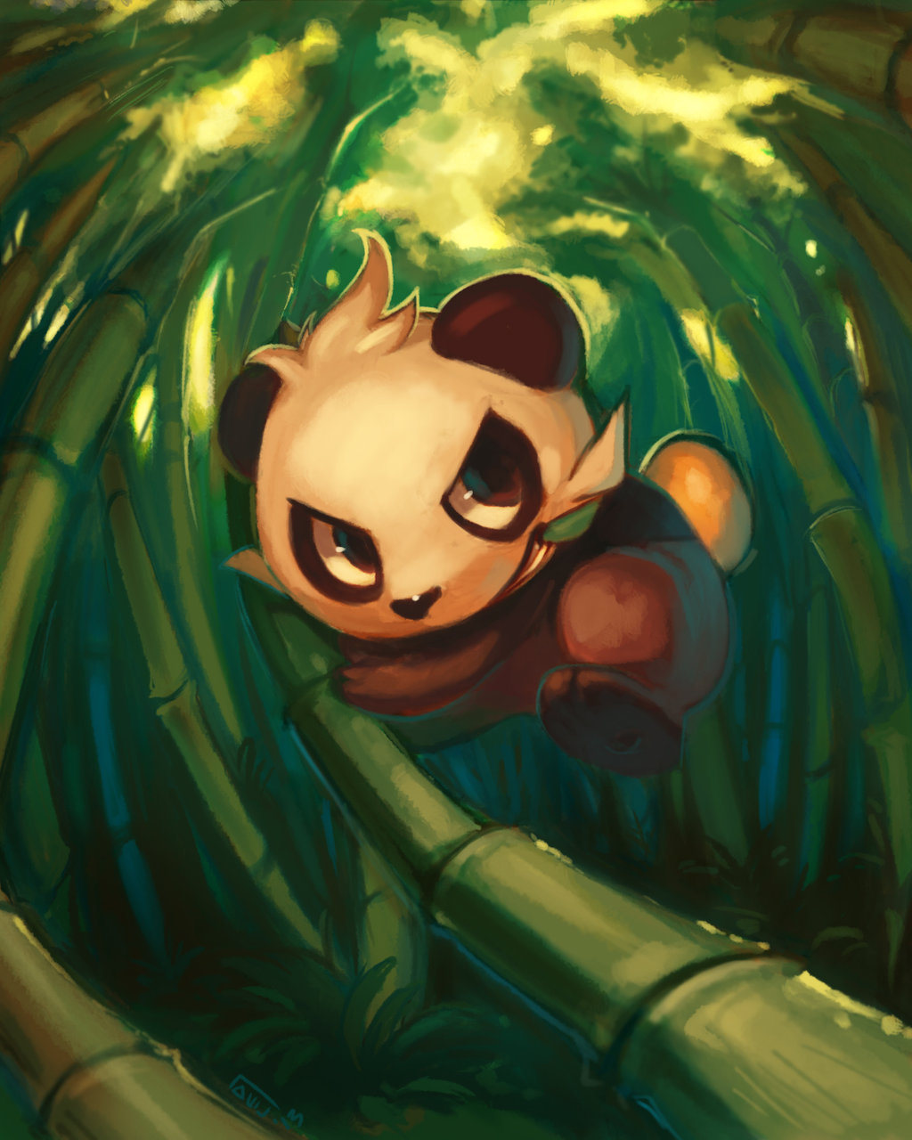 2013 bamboo bamboo_forest brown_eyes clouds cloudy_sky commentary creature day delano-laramie english_commentary forest full_body gen_5_pokemon highres jumping leaf mouth_hold nature no_humans outdoors pancham panda pokemon pokemon_(creature) signature sky solo