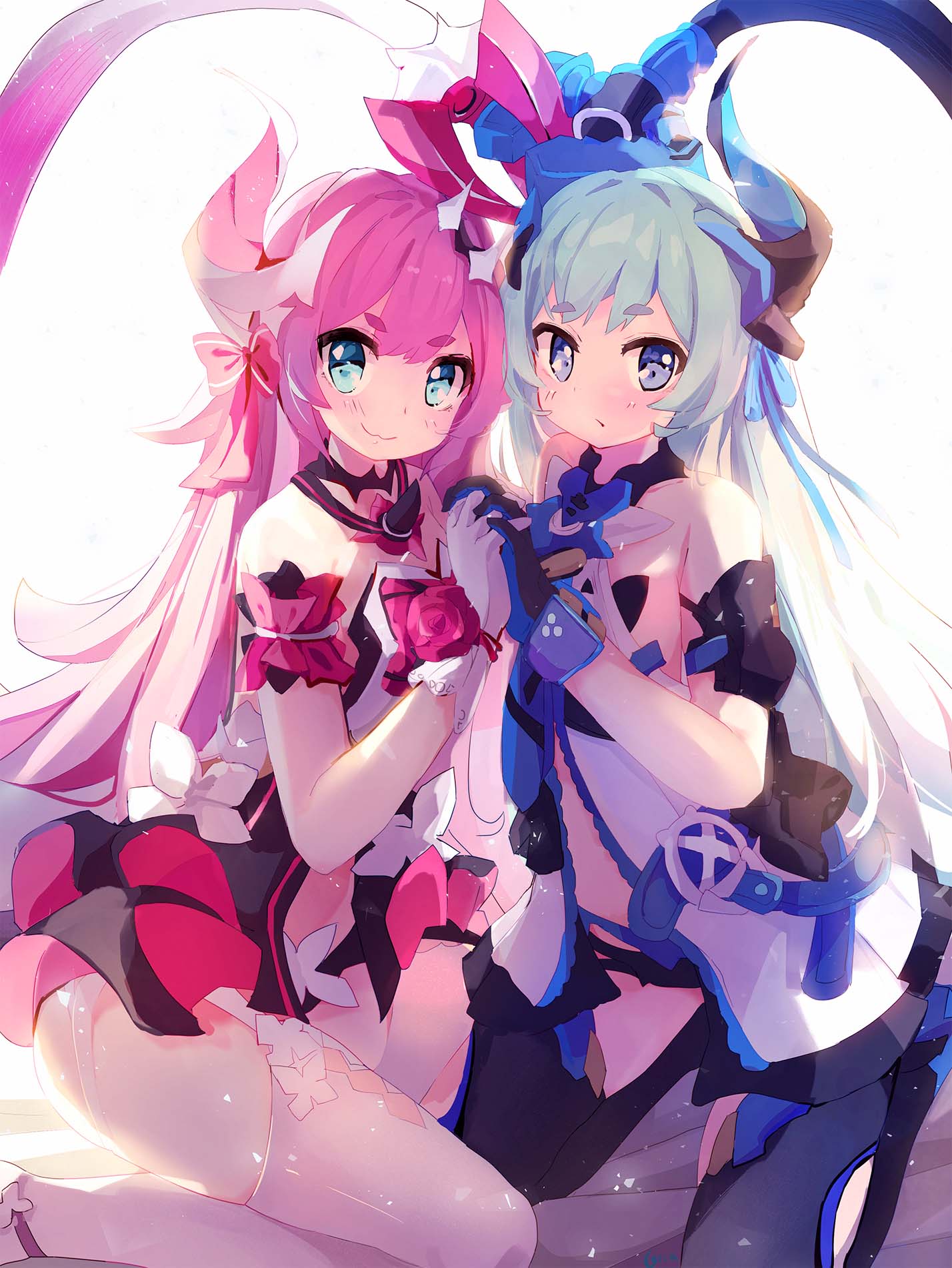 arm_scrunchie asymmetrical_horns coria dress gloves highres honkai_(series) honkai_impact_3rd intertwined_tails liliya_olenyeva mechanical_horns mechanical_tail mismatched_gloves open_clothes open_dress rozaliya_olenyeva siblings tail thick_eyebrows twins