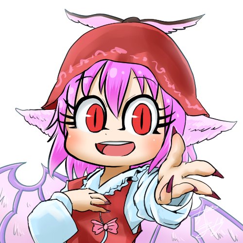 1girl animal_ears avatar_icon bird_wings brown_eyes brown_headwear chamaji commentary eyebrows_visible_through_hair feathered_wings fingernails hair_between_eyes hand_on_own_chest hat long_fingernails long_sleeves looking_at_viewer lowres mystia_lorelei open_mouth outstretched_hand pink_hair ribbon sharp_fingernails short_hair signature smile solo touhou upper_body winged_hat wings